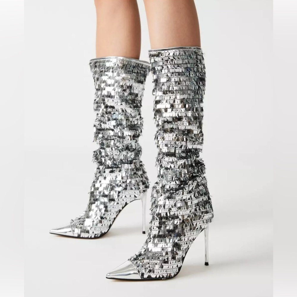 STEVE MADDEN Panther Silver Sequin Tall Stiletto Boots Size 6 Pointed Toe